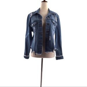 Love tree denim distressed cropped frayed jacket